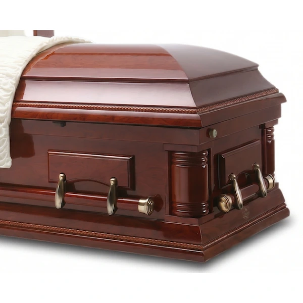 close-up of the tigerwood casket