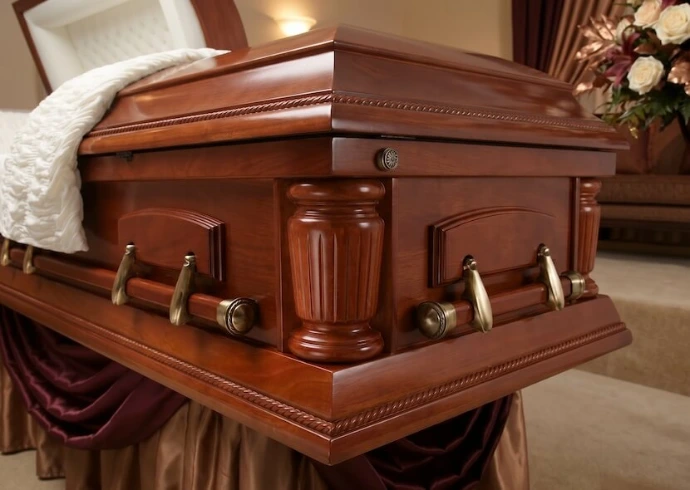 side profile of a walnut casket