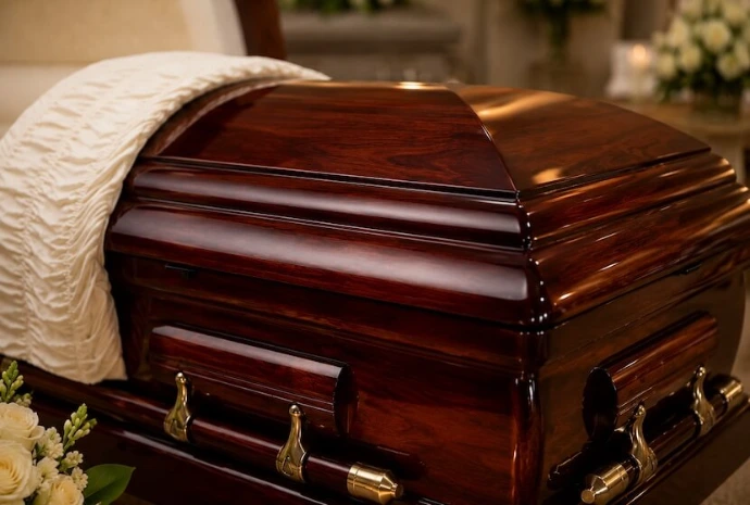 close-up of a mahogany casket