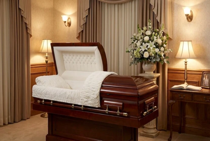 mahogany casket in a showroom