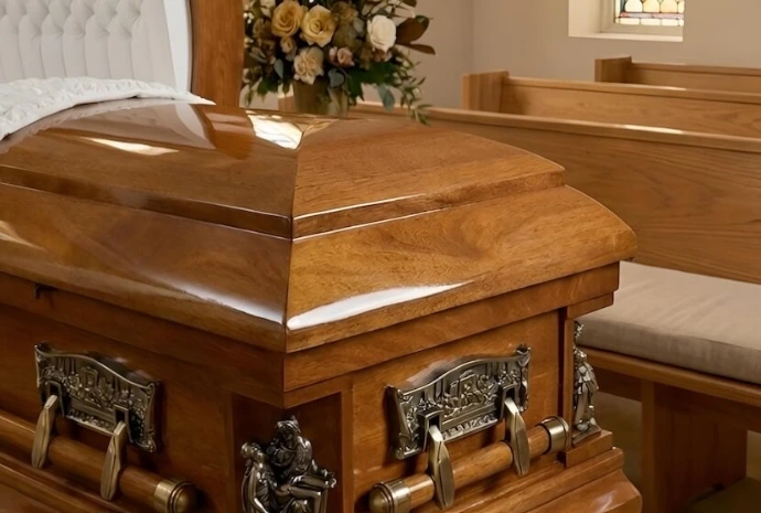 close-up of a walnut casket with accessories